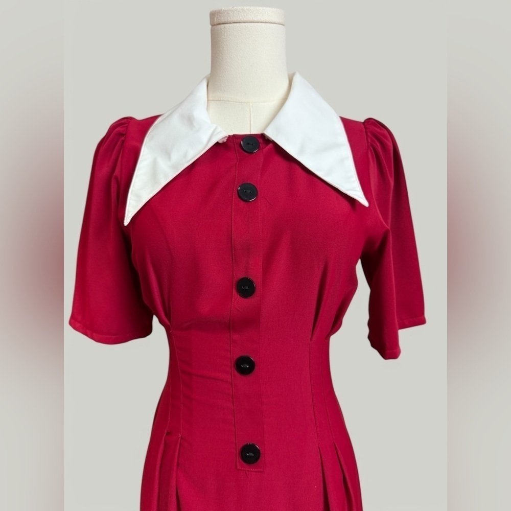 Dress Women Size Small Red Long Exaggerated Collar Puff Sleeves Sinch Waist - Picture 7 of 10